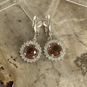 Sterling Silver 925 Round Deep Peach Cubic Zirconia Round Halo Dangle Earrings